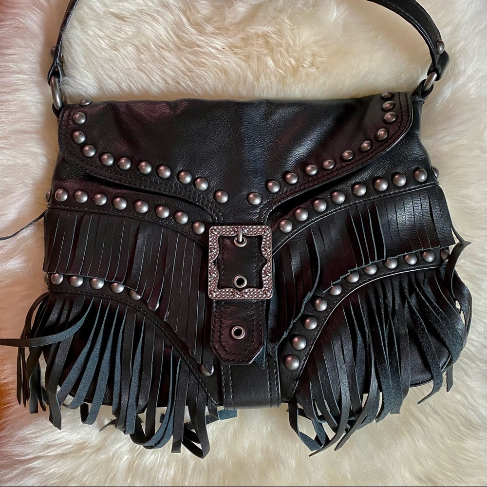 Ash Black Fringe Leather Bag with Belt Studded